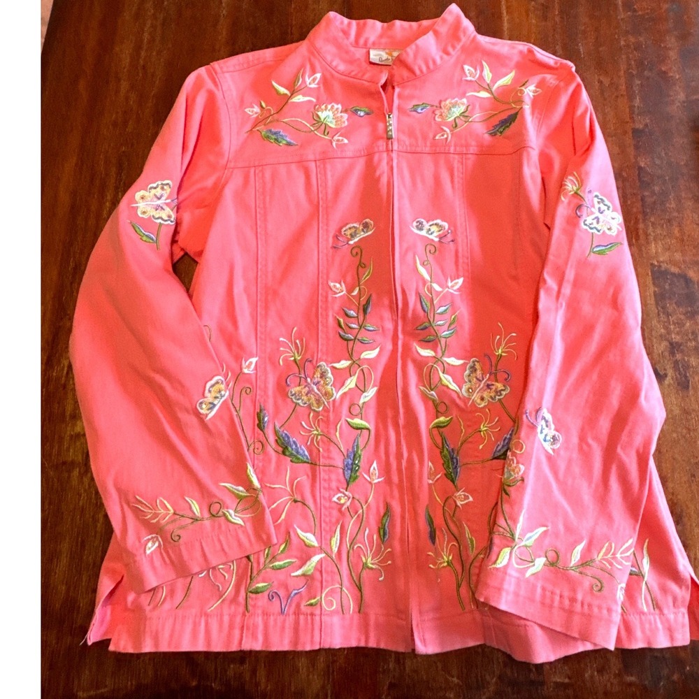 Quacker Factory Jacket Womens Medium Pink Embroidered Butterfly Floral Zip Up